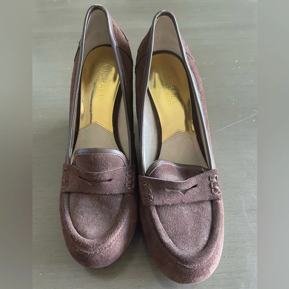 Michael Kors Brown Suede Leather Rory Loafer Wedge Shoes Women’s Size 8